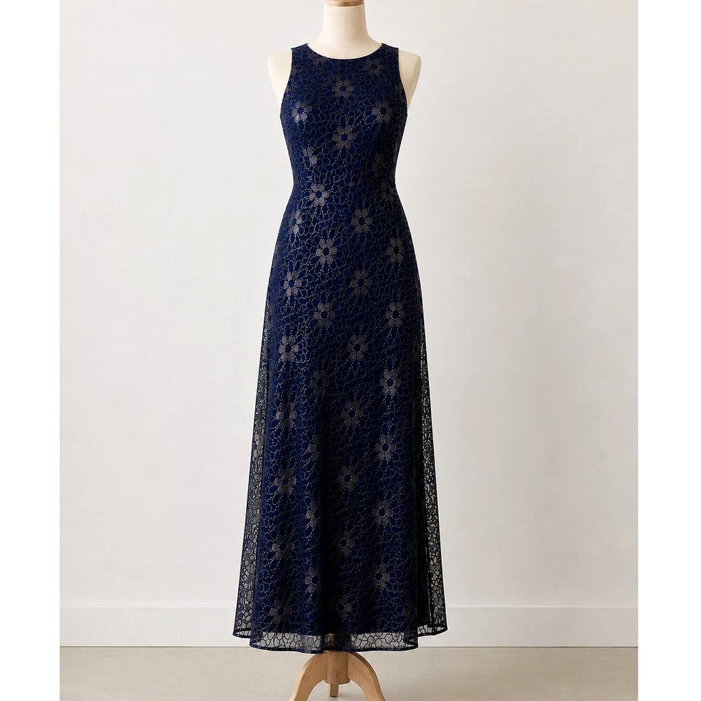 Vintage Y2K Night Way Glitter Navu Floral Formal Maxi Dress Homecoming Prom-Lg